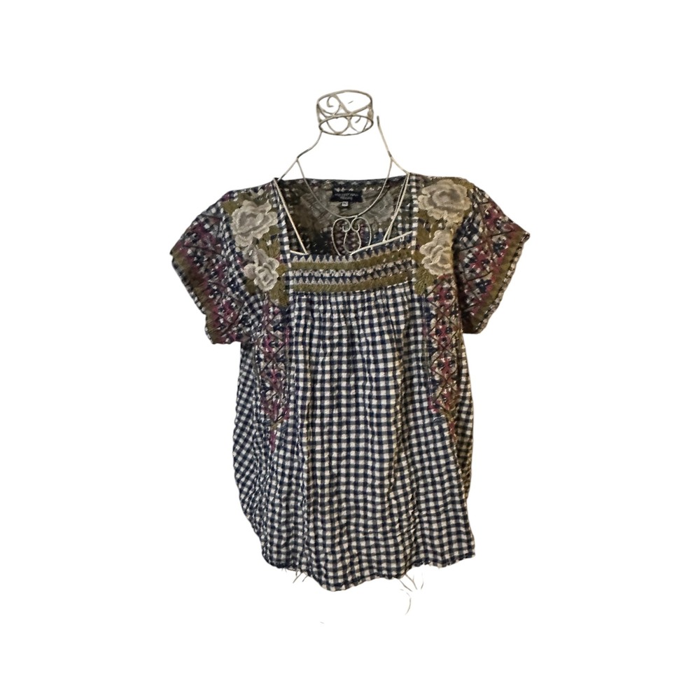 Johnny Was Workshop XL Gingham Embroidered Floral Square Neck Blouse W13718-5